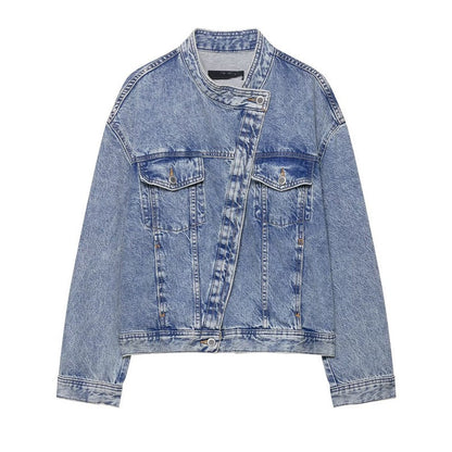 Damen Denimjacke Asymmetrisch Mit Taschen Blau Eveloria - Eveloria
