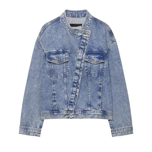 Damen Denimjacke Asymmetrisch Mit Taschen Blau Eveloria - Eveloria