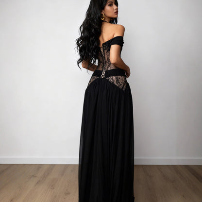 Damen Abendkleid Spitze Einsätze Verführerischer Schnitt