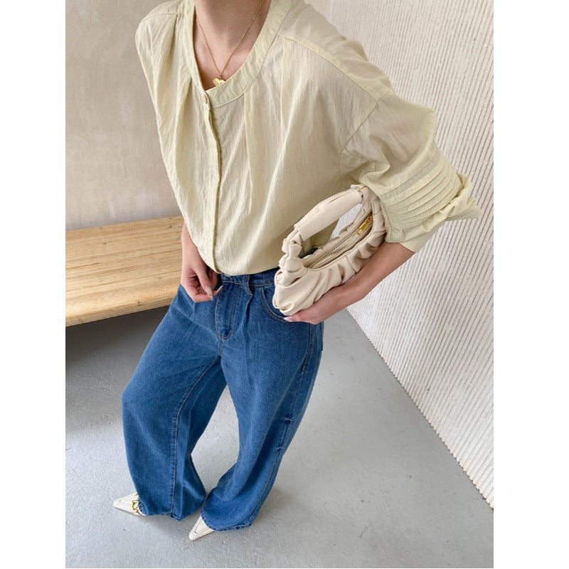 Damen Bluse Puffärmel Knopf Detail Elegantes Design