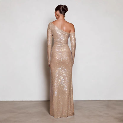 Damen Abendkleid mit Paillettenbesatz Asymmetrischer Ausschnitt