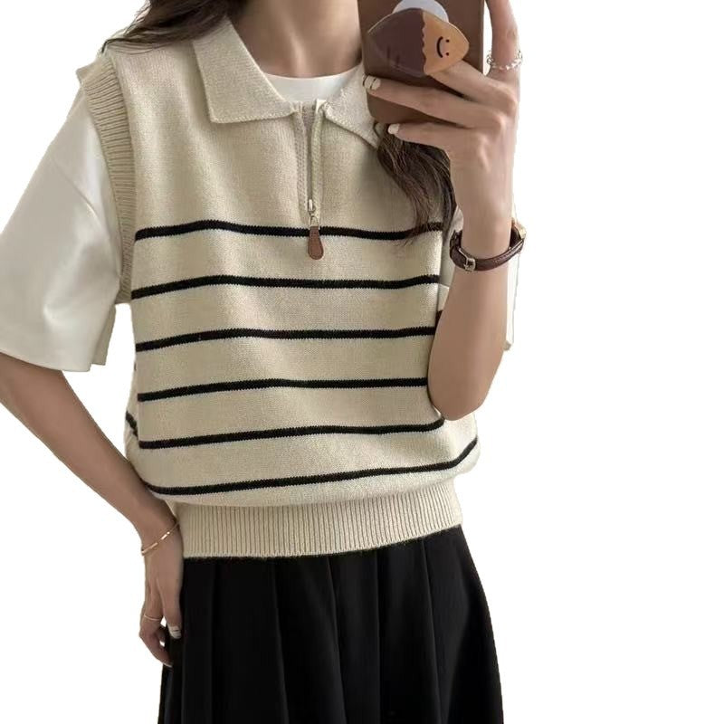 Damen Strickpullover Reißverschluss Streifenmuster Eveloria