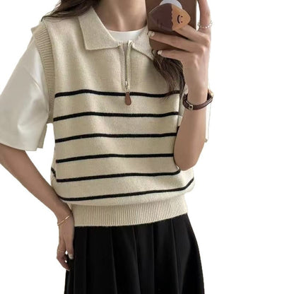 Damen Strickpullover Reißverschluss Streifenmuster Eveloria