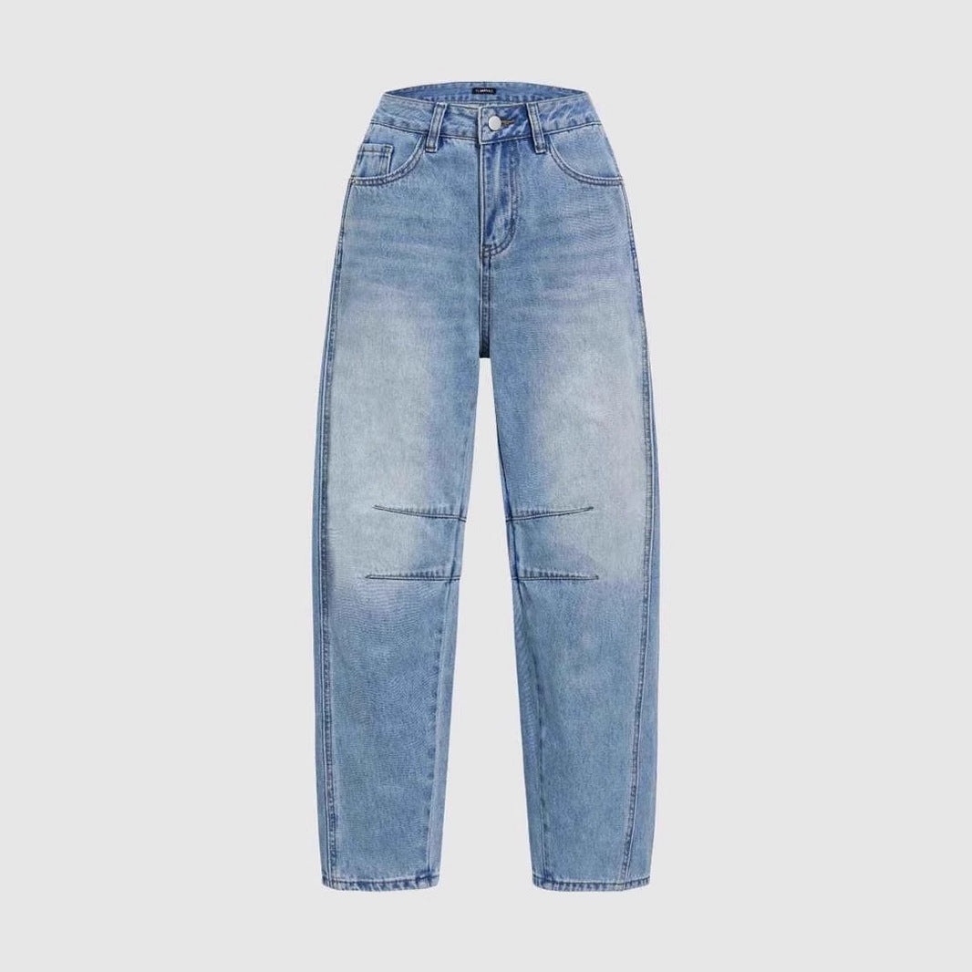 Damen Jeans Weit Vintage Ausgefranster Saum Blau Eveloria
