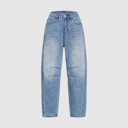 Damen Jeans Weit Vintage Ausgefranster Saum Blau Eveloria