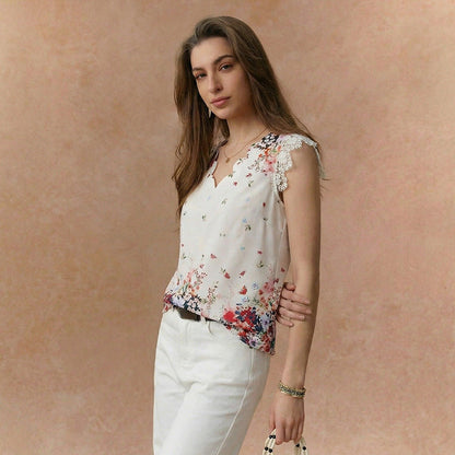 Damen Bluse Floralmuster Spitzenbesatz Eveloria