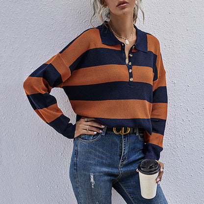 Damen Oversized Pullover Streifenmuster Knopfleiste