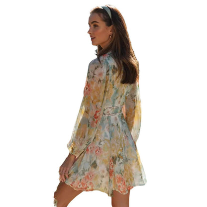 Damen Chiffonkleid mit Blumenmuster und V-Ausschnitt