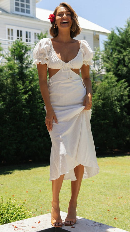 Damen Maxi Kleid Puffärmel Seidenlook