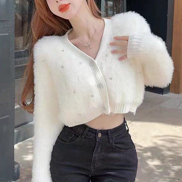 Damen Flauschige Strickjacke Funkelnde Details Moderner Schnitt