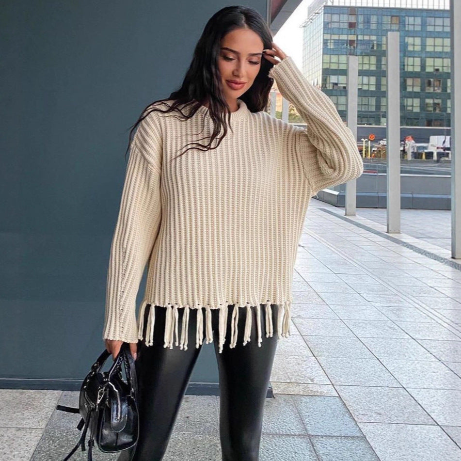 Damen Strickpullover Lässig Fransen Länge Lang Ärmel Beige - Eveloria