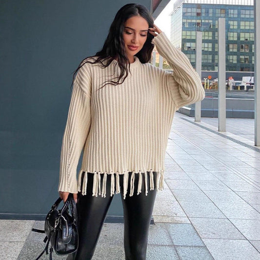 Damen Strickpullover mit Fransen Gemütlich Eveloria - Eveloria
