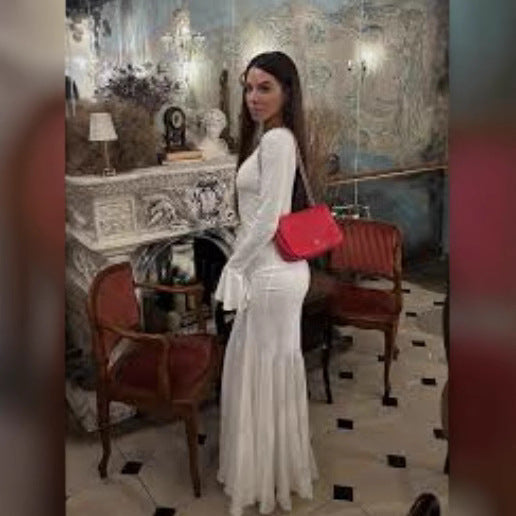 Damen Langkleid Figurbetont Muschel-Design Ärmelabschluss
