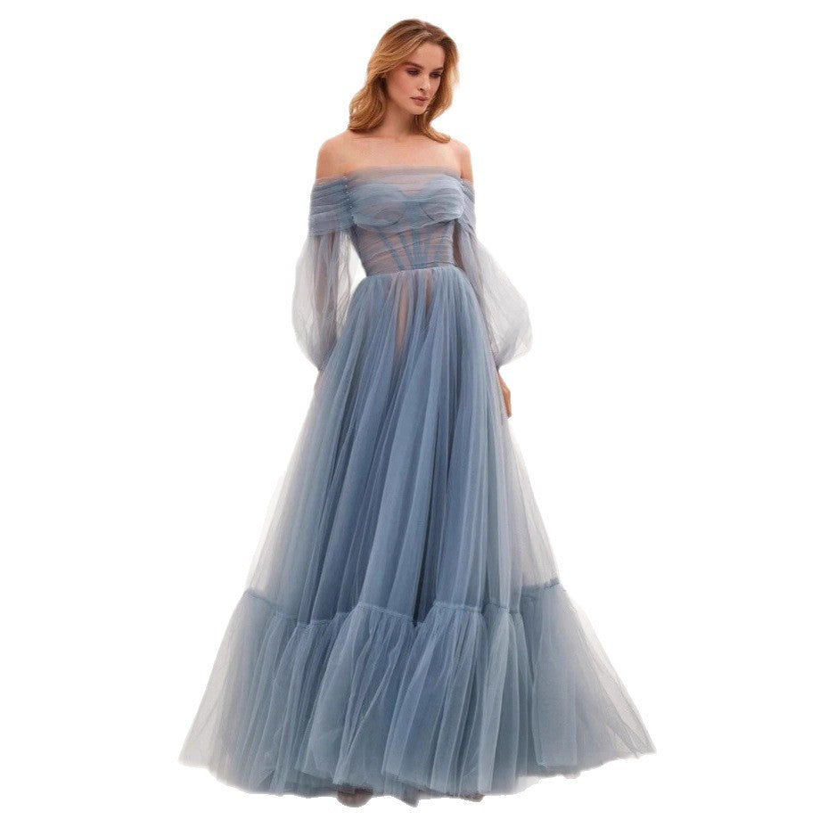 Damen Cocktailkleid Tüll Schulterfrei Voluminöse Ärmel Eveloria