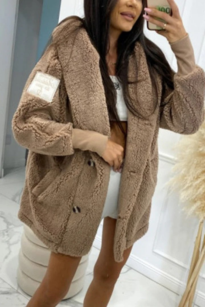 Damen Teddyjacke Klassischer Kragen Praktische Taschen Braun