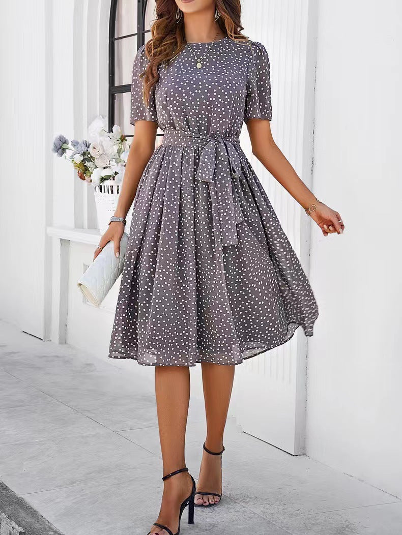 Damen Midikleid mit Punktedesign und Taillengürtel