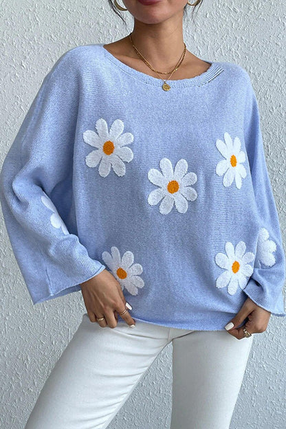 Damen Strickpullover Blumendesign Weit