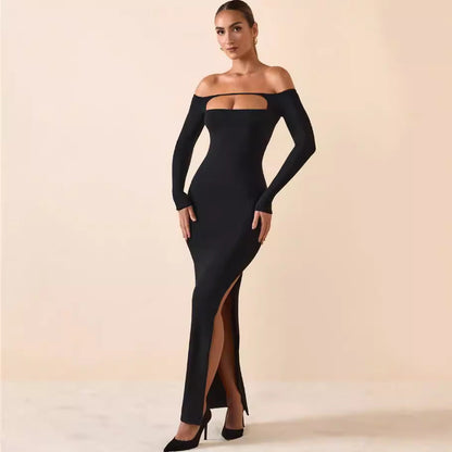 Damen Langarmkleid Figurbetont Cut-Out-Design Schulterfrei Schwarz - Eveloria