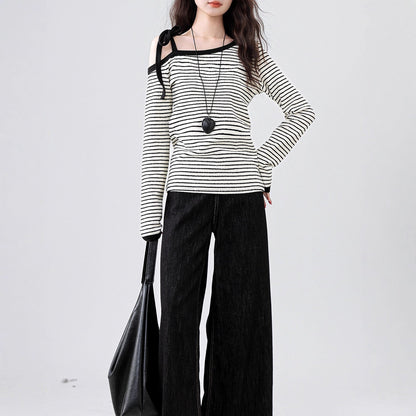 Damen Oberteil Off-Shoulder Streifen Design