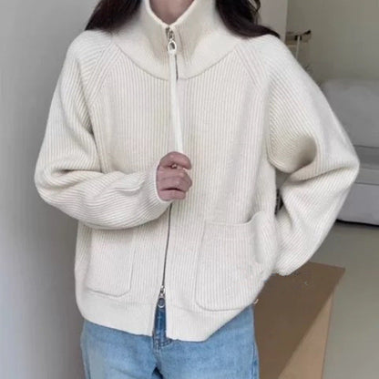 Damen Strickjacke Hochkragen Mit Taschen Eveloria