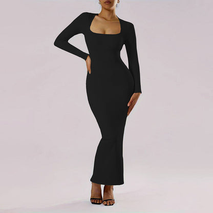 Damen Maxikleid Langarm Figurfreundlich Tiefes Dekolleté Schwarz - Eveloria