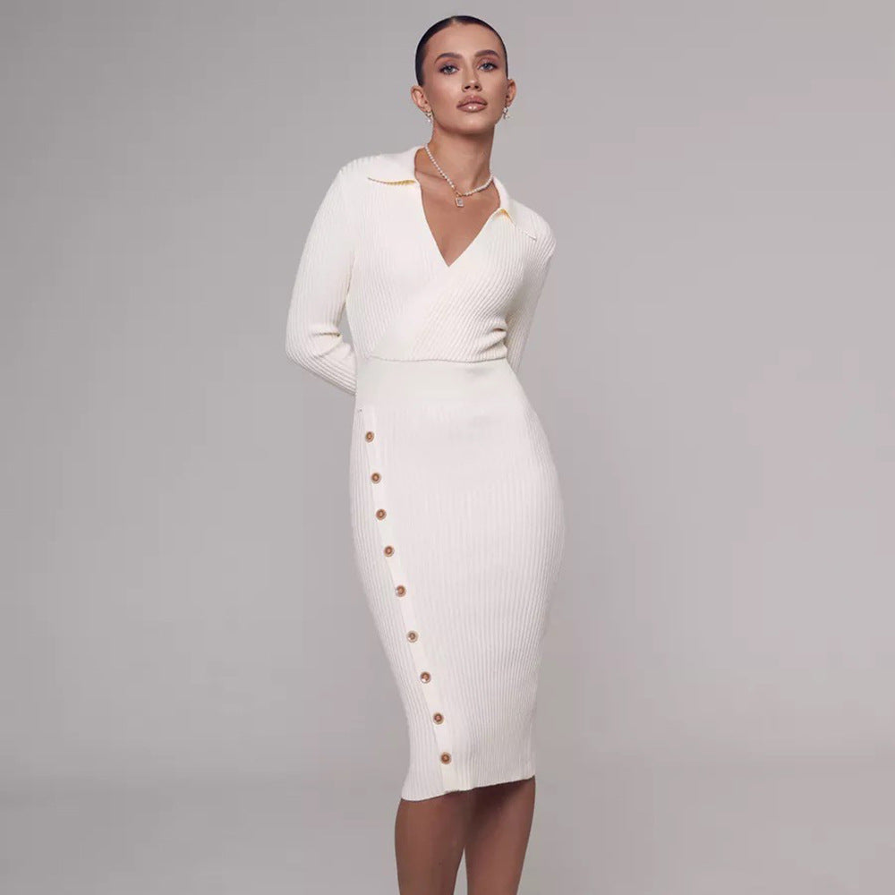 Damen Strickkleid Klassischer Kragen Knöpfe Beige - Eveloria