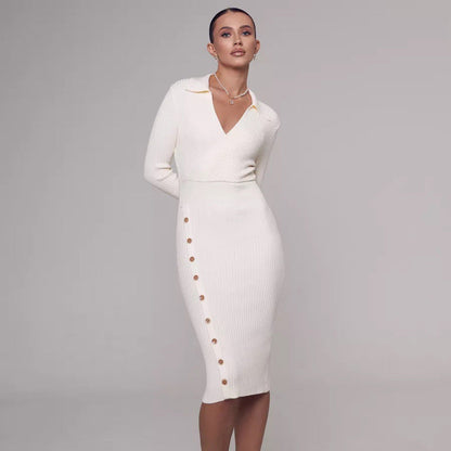 Damen Strickkleid Klassischer Kragen Knöpfe Beige - Eveloria