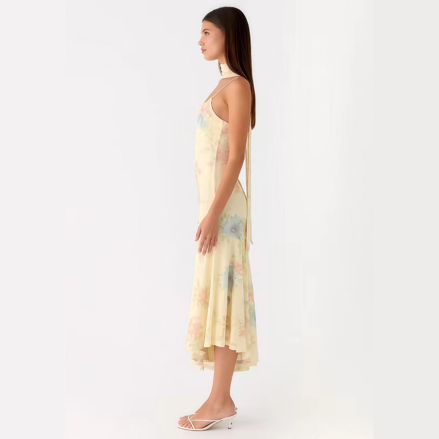 Damen Maxikleid Blumiges Chiffon Neckholder Elegant Blau