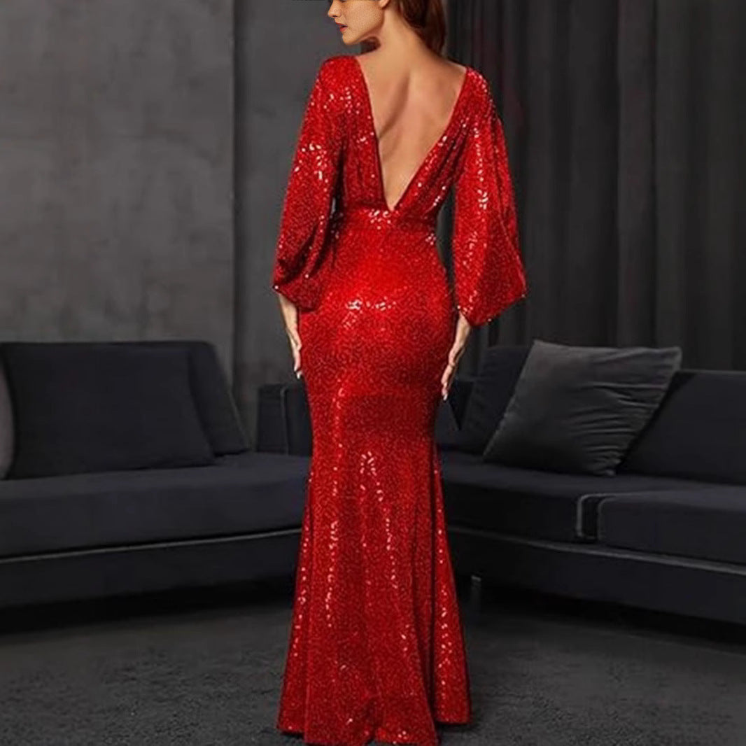 Damen Abendkleid Pailletten V-Ausschnitt Eveloria
