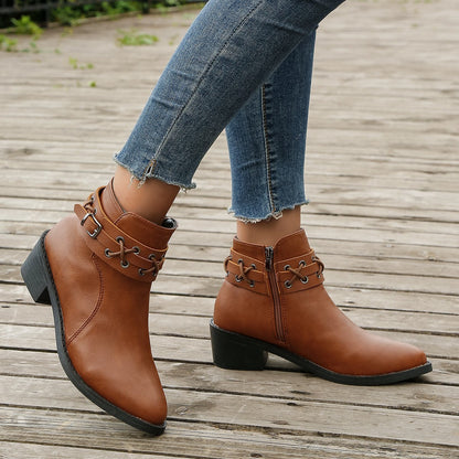 Damen Stiefeletten Spitzem Zeh Blockabsatz Schnürschnalle