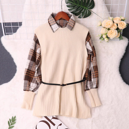 Damen Strickpullover mit Karomuster und elastischem Gürtel Schwarz - Eveloria