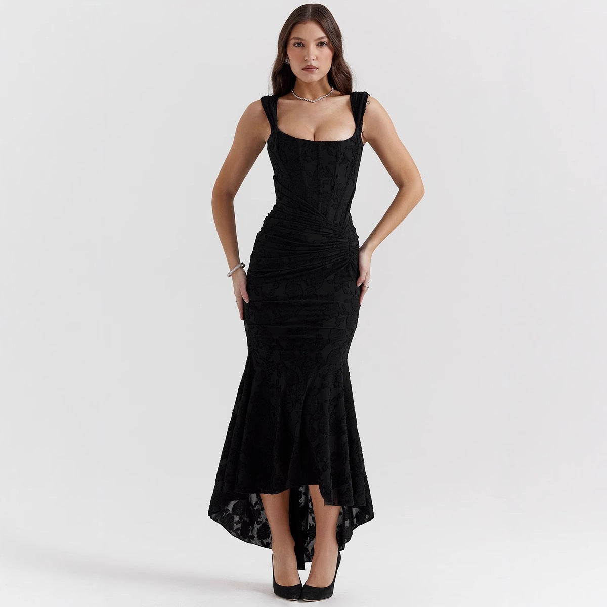 Damen Maxikleid Bateau Ausschnitt Floral Asymmetrisch