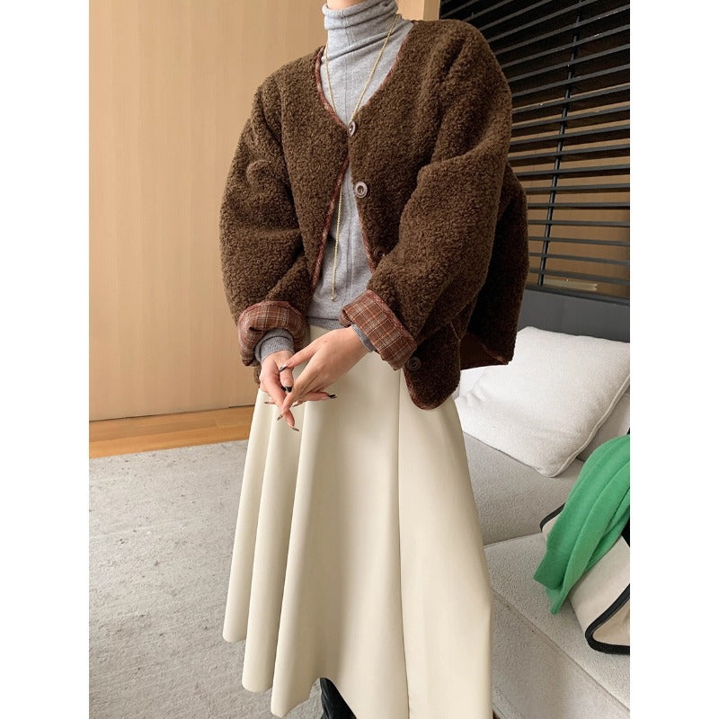 Damen Oversized Fleecejacke Kontrastdetails Kuschelig Grau