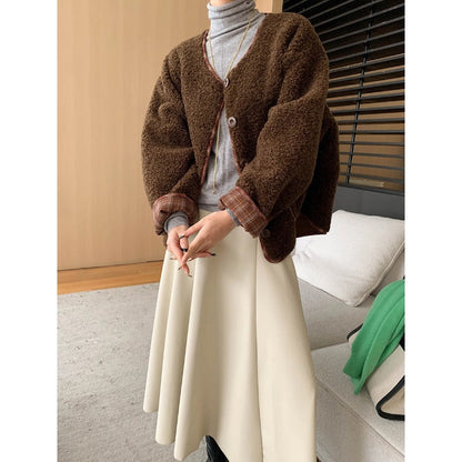 Damen Oversized Fleecejacke Kontrastdetails Kuschelig Grau