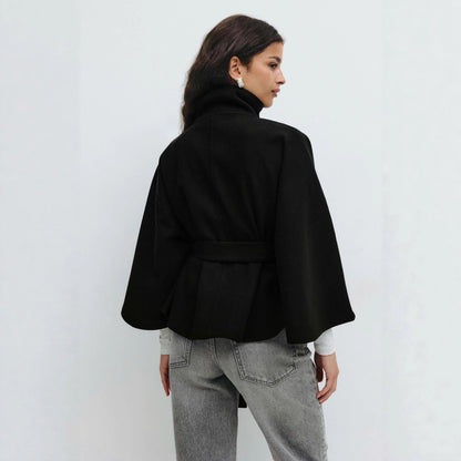 Damen Cape-Jacke mit Gürtel Elegantes Design Schwarz - Eveloria