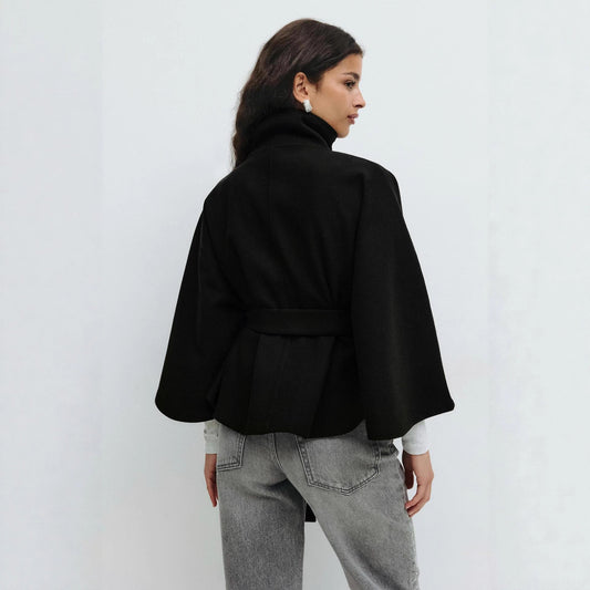 Damen Cape-Jacke mit Gürtel Elegantes Design Schwarz - Eveloria