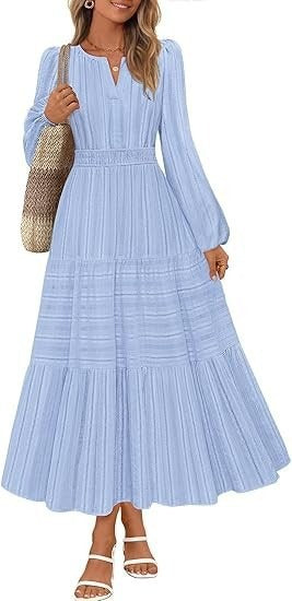 Damen Maxikleid mit Puffärmeln und Smoktaillen Elegant