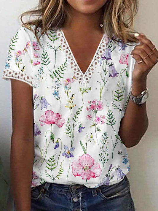 Damen T-Shirt Kurzärmelig V-Ausschnitt Print - Eveloria