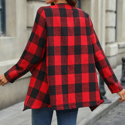Damen Karierte Strickjacke Asymmetrisch Offen weiß Eveloria