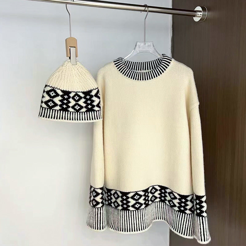 Damen Strickpullover Rundkragen Geometrisches Muster Eveloria