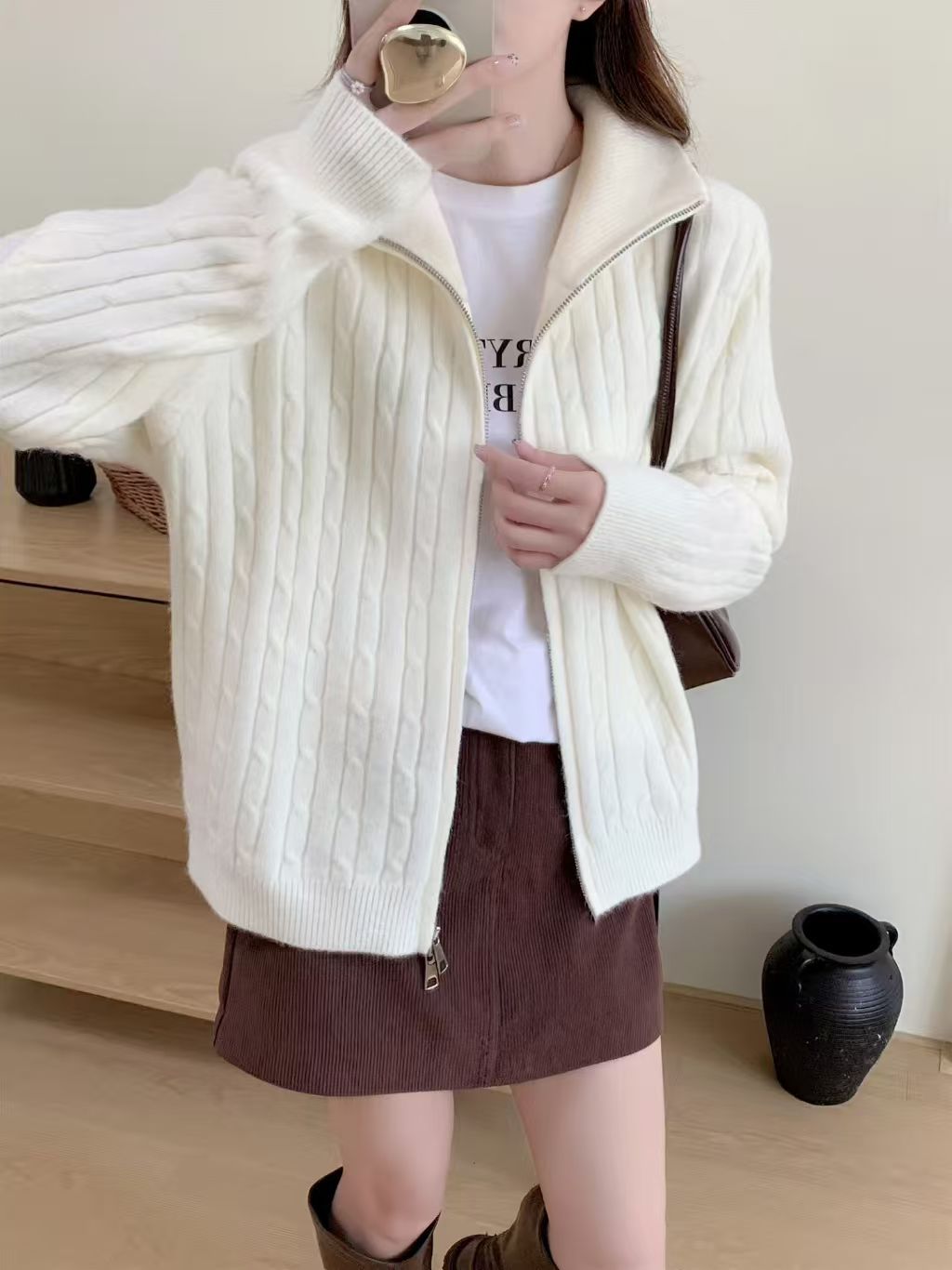 Damen Strickjacke Kabelmuster Mit Zipper Grau