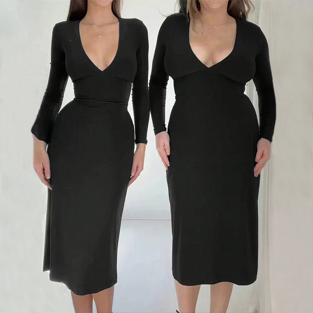 Eveloria Damen Midi-Kleid V-Ausschnitt Langer Arm Elegant