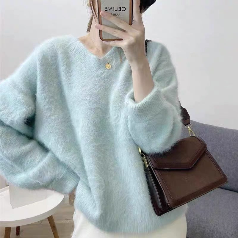 Damen Pullover V-Ausschnitt Mohair Flausch Eveloria