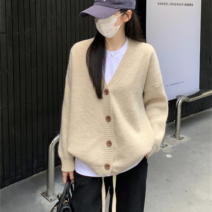 Damen Oversized Strickjacke Große Knöpfe Lässiger Schnitt Beige