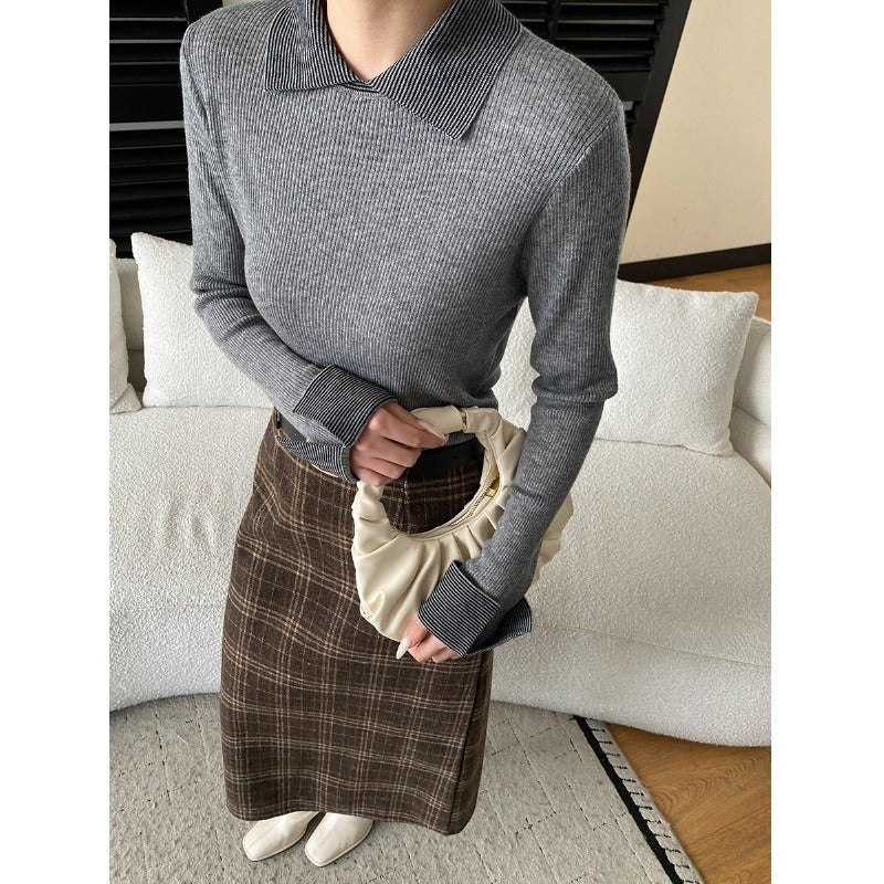 Damen Pullover Gestreift Klassischer Kragen Rippstruktur Eveloria