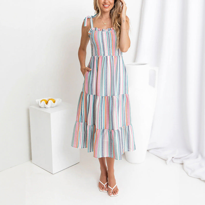 Damen Sommerkleid Rüschendetails Bunt Streifenmuster - Eveloria