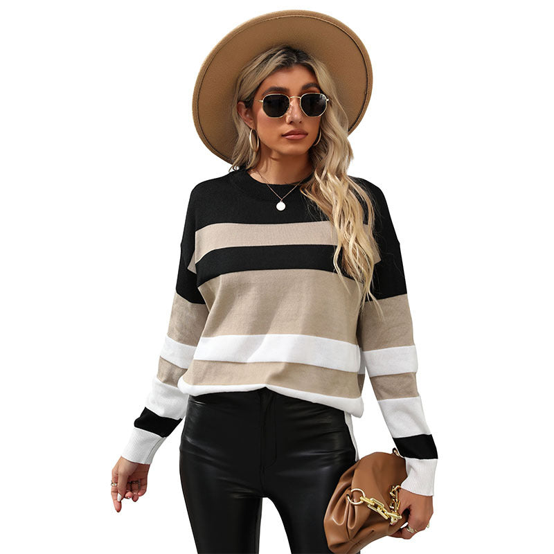 Damen Pullover Gestreift Lässiger Schnitt Kontrastdetails Eveloria