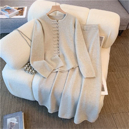 Damen Strickensemble Elegant Dekorative Knöpfe Anthrazit