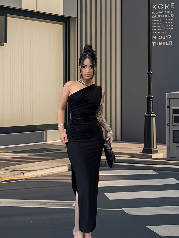 Damen Maxikleid Elegantes One-Shoulder-Design Figurbetont