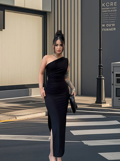 Damen Maxikleid Elegantes One-Shoulder-Design Figurbetont